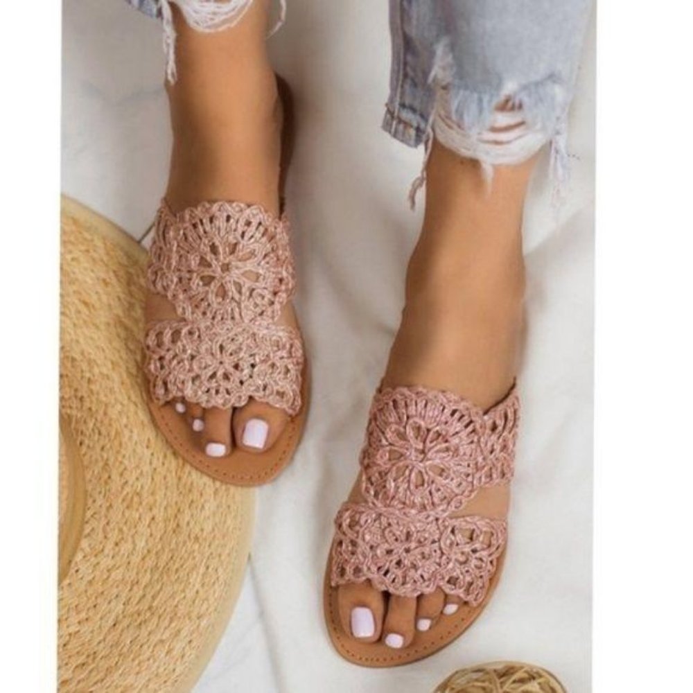 Woven Raffia Slide Sandals in Blush Nude - Picture 2 of 10